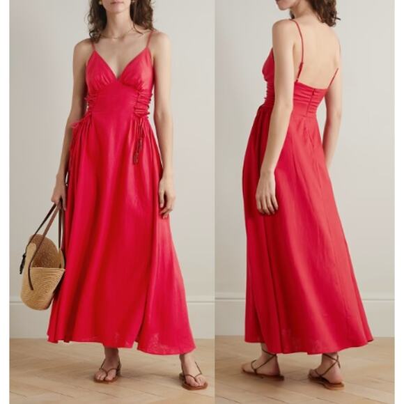 FARM Rio Dresses & Skirts - Farm Rio Linen-Blend Lace Up Midi Dress Fit & Flare Corset Glam Red Size Small